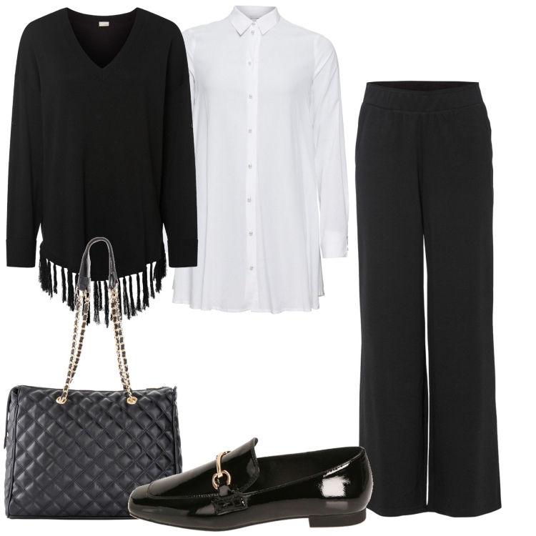 Outfit donna - Classica bei giorni lavorativi. Stile Casual per Ufficio. Abbinamento con pantaloni a palazzo, camicie, shopping bag, cappotti, mocassini.