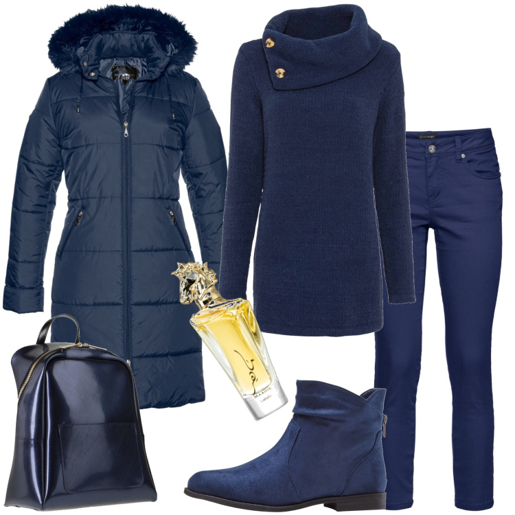Outfit donna - Vestiti di blu. Stile Casual per Tutti i giorni. Abbinamento con maglieria, stivaletti, cappotti, pantaloni, zaini, profumi.