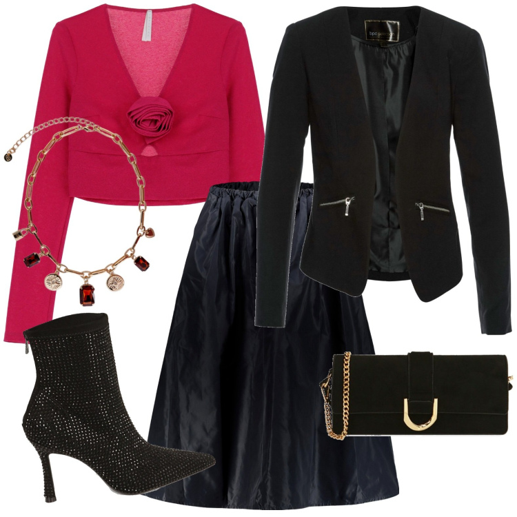 Outfit donna - Di sera. Stile Chic per Serata fuori. Abbinamento con blazer, maglieria, pochette, stivaletti, gonne lunghe, collane.