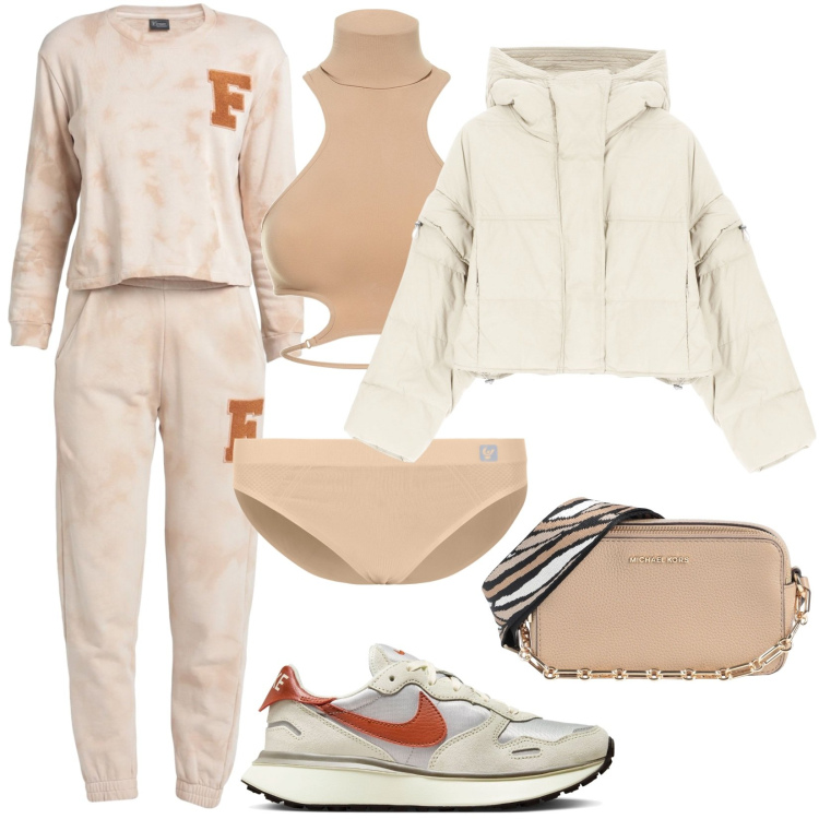 Outfit donna - Total look #1818800. Stile Casual per Sport. Abbinamento con tute, borse a tracolla, piumini, culotte, sneakers, top.