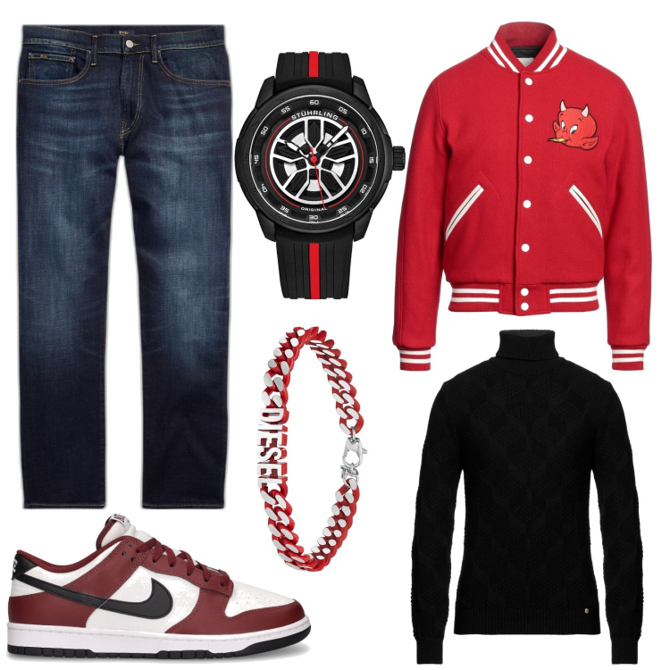 Outfit uomo - Total look #1818806. Stile Casual per Tutti i giorni. Abbinamento con braccialetti, orologi, maglieria, bomber, jeans dritti, sneakers.