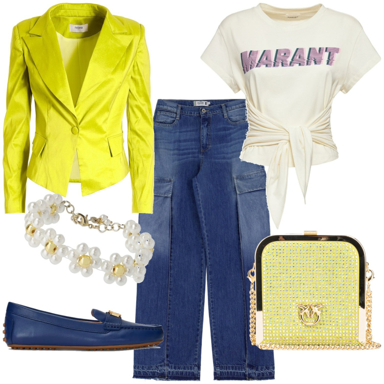 Outfit donna - Casual. Stile Casual per Tutti i giorni. Abbinamento con clutch, jeans dritti, blazer, mocassini, t-shirt, braccialetti.