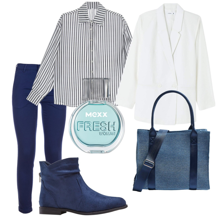 Outfit donna - Total look #1818819. Stile Casual chic per Ufficio. Abbinamento con stivaletti, profumi, shopping bag, blazer, pantaloni, camicie.