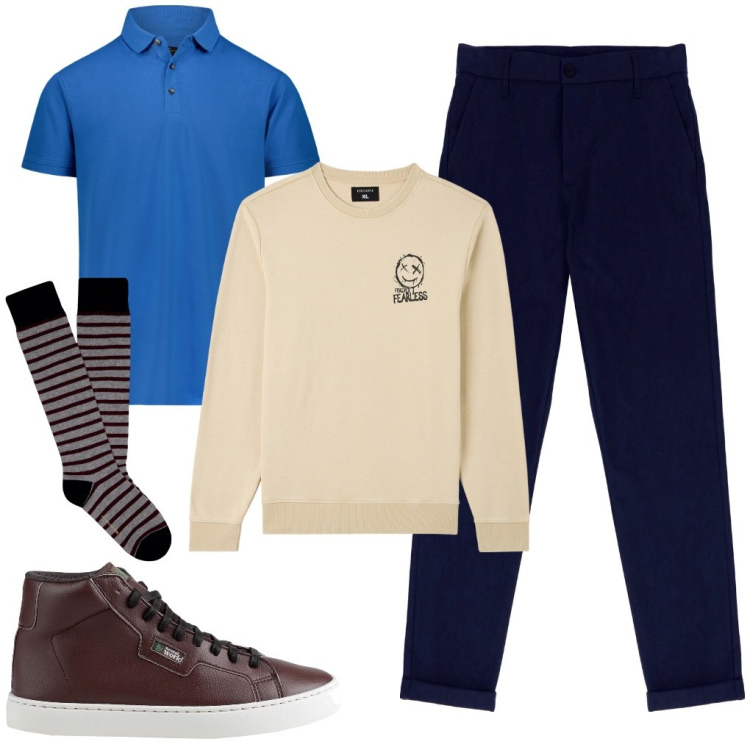 Outfit uomo - Ernesto: pomeriggio in città. Stile Urban per Tutti i giorni. Abbinamento con sneakers alte, felpe, pantaloni, calzini, polo.