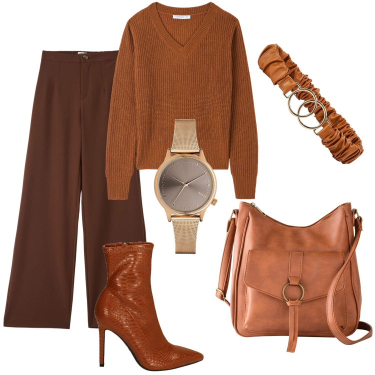Outfit donna - Marrone e cognac in ufficio. Stile Casual chic per Ufficio. Abbinamento con borse a tracolla, orologi, pantaloni, maglieria, cinture, stivaletti.