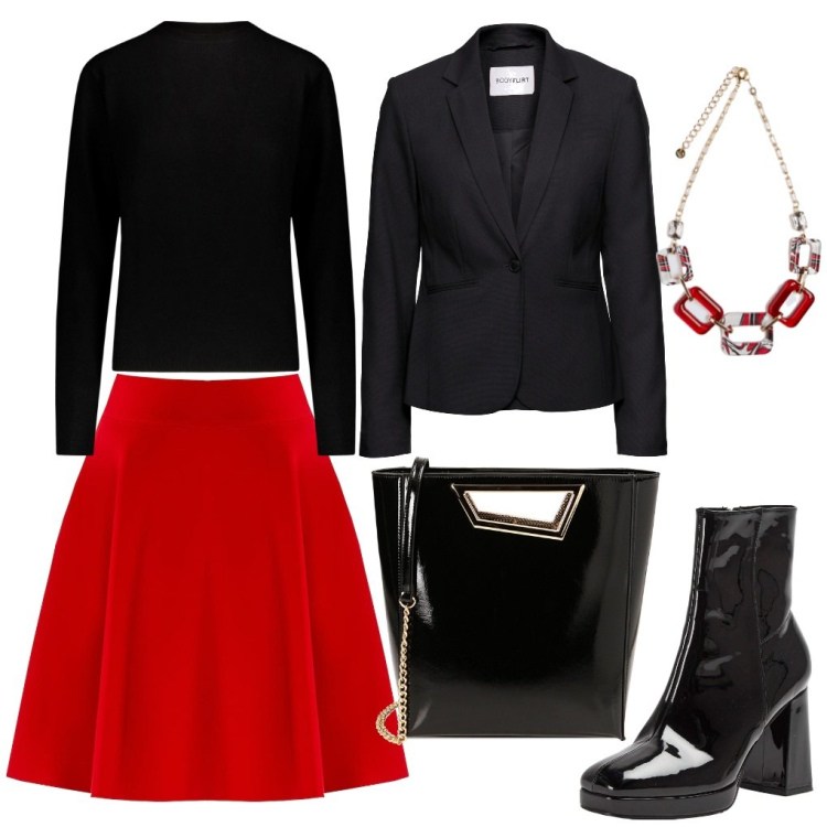 Outfit donna - Annie: ufficio glam. Stile Chic per Ufficio. Abbinamento con blazer, stivaletti, minigonne, borse a mano, maglieria, collane.