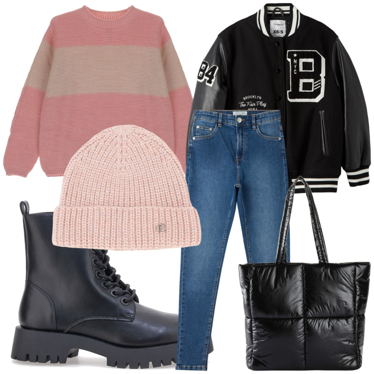 Outfit donna - Total look #1818861. Stile Urban per Scuola/Università. Abbinamento con shopping bag, bomber, jeans skinny, pullovers, berretti, anfibi.