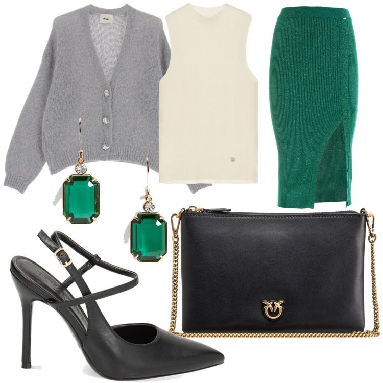 Outfit donna - Total look #1818867. Stile Trendy per Ufficio. Abbinamento con borse a tracolla, top, gonne longuette, décolleté, orecchini, cardigans.