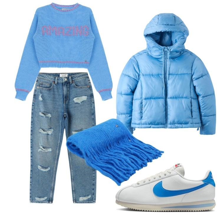 Outfit donna - A scuola. Stile Casual per Scuola/Università. Abbinamento con jeans mom, piumini, maglieria, sciarpe, sneakers.
