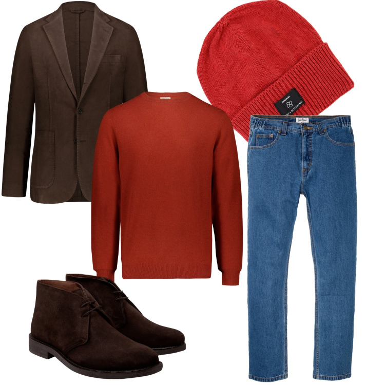 Outfit uomo - Inverno tocchi arancio. Stile Casual per Tutti i giorni. Abbinamento con jeans dritti, berretti, maglieria, stivali, cappotti.