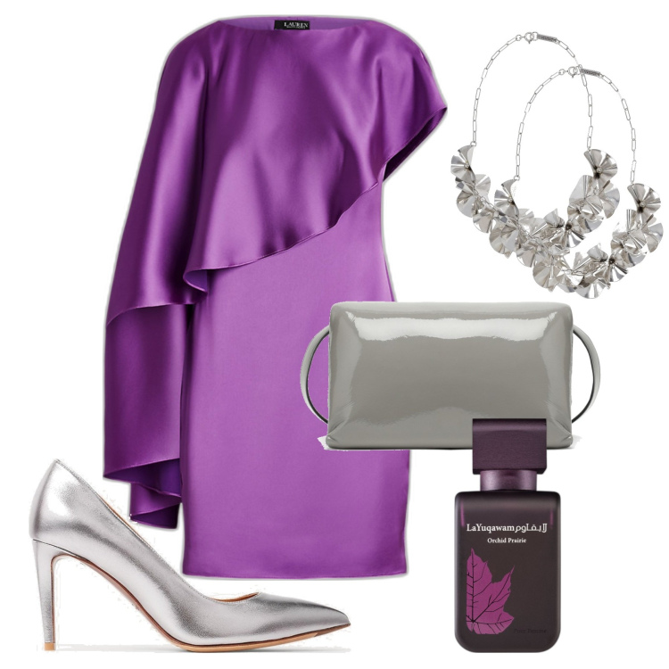 Outfit donna - Un matrimonio. Stile Glamour per Cerimonia. Abbinamento con profumi, vestiti, décolleté, collane, borse a spalla.