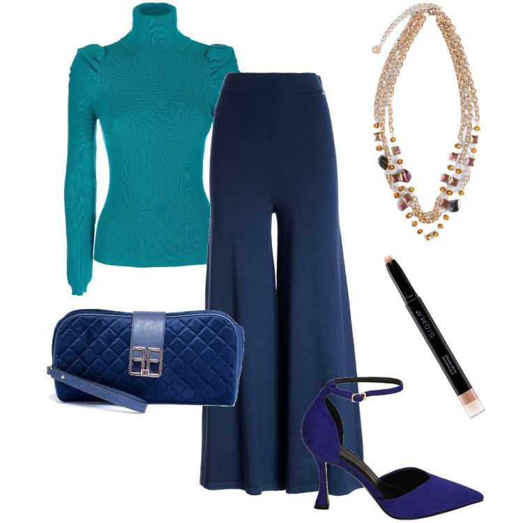 Outfit donna - La dolcevita verde acqua. Stile Bon Ton per Serata fuori. Abbinamento con primer, pantaloni, maglieria, pochette, décolleté, collane.