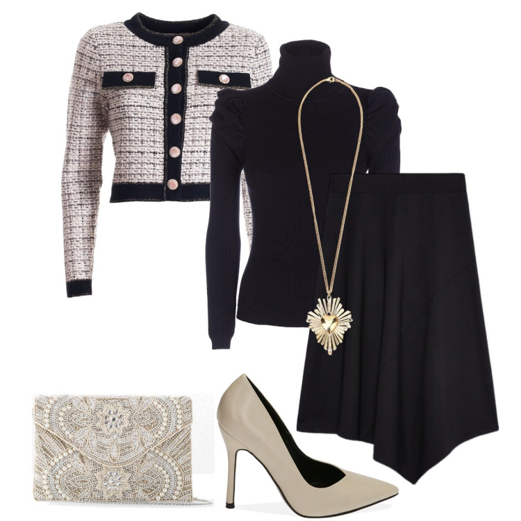 Outfit donna - Il blazer vichy. Stile Bon Ton per Serata fuori. Abbinamento con pochette, blazer, maglieria, décolleté, ciondoli, gonne lunghe.