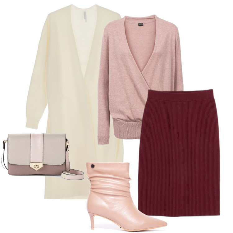 Outfit donna - Sotto il cardigan. Stile Romantica per Serata fuori. Abbinamento con gonne, borse a tracolla, maglieria, stivaletti, cardigans.