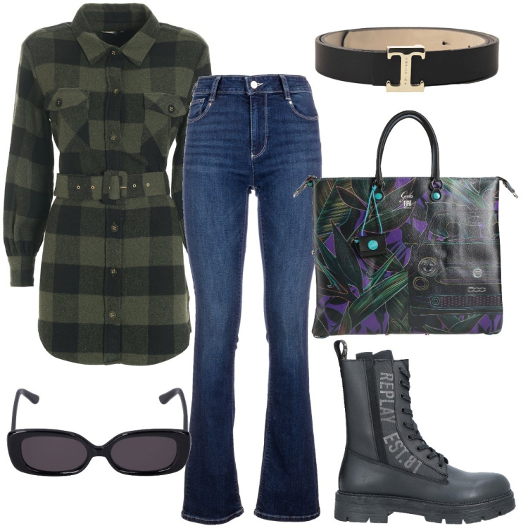 Outfit donna - La camicia in tartan. Stile Casual per Tutti i giorni. Abbinamento con anfibi, borse a mano, cinture, jeans bootcut, camicie, occhiali da sole.