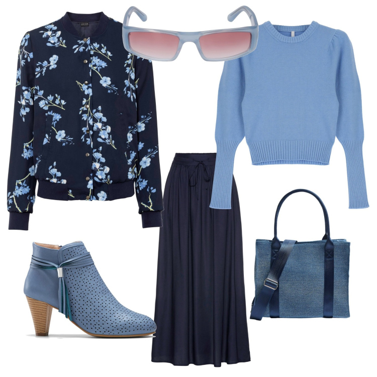 Outfit donna - Romantic chic pomeriggio. Stile Romantica per Tutti i giorni. Abbinamento con bomber, gonne lunghe, stivaletti, shopping bag, pullovers, occhiali da sole.