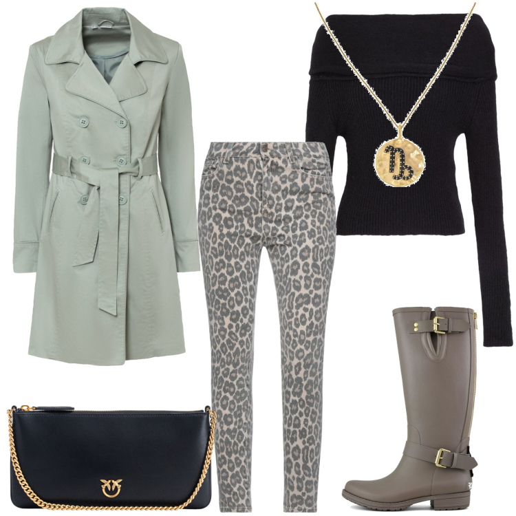 Outfit donna - Nei giorni piovosi. Stile Casual per Tutti i giorni. Abbinamento con trench, pantaloni skinny, pullovers, collane, borse a tracolla, stivali.