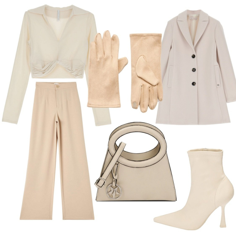 Outfit donna - Guanti chic. Stile Casual chic per Ufficio. Abbinamento con pantaloni, guanti, cappotti, maglieria, borse a spalla, stivaletti.