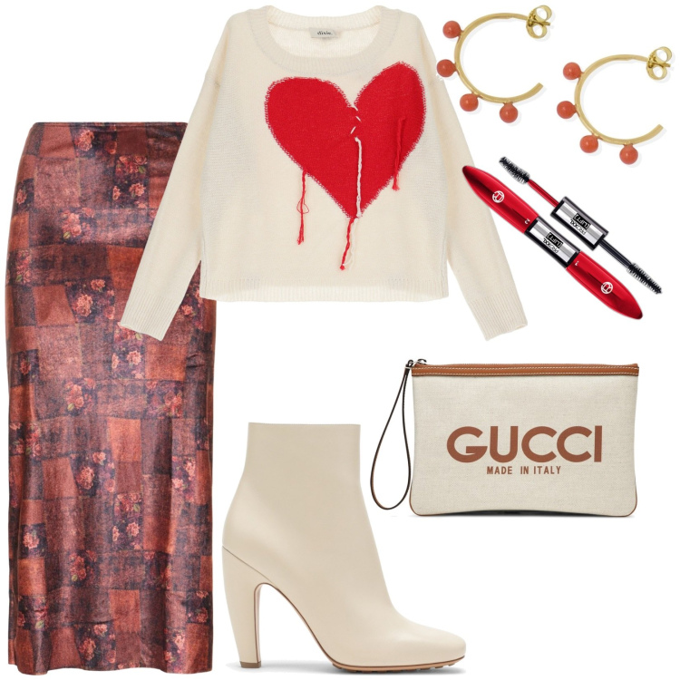 Outfit donna - Total look #1818957. Stile Romantica per Tutti i giorni. Abbinamento con orecchini, mascara, pullovers, stivaletti, borse a mano, gonne.