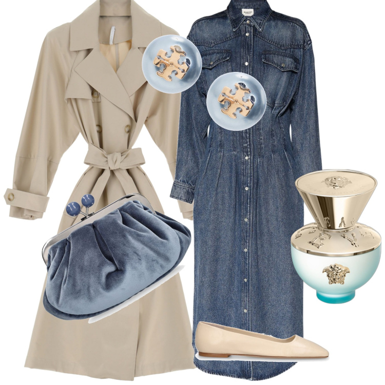 Outfit donna - Voglia di primavera. Stile Casual chic per Tutti i giorni. Abbinamento con orecchini, profumi, trench, pochette, ballerine, vestiti.