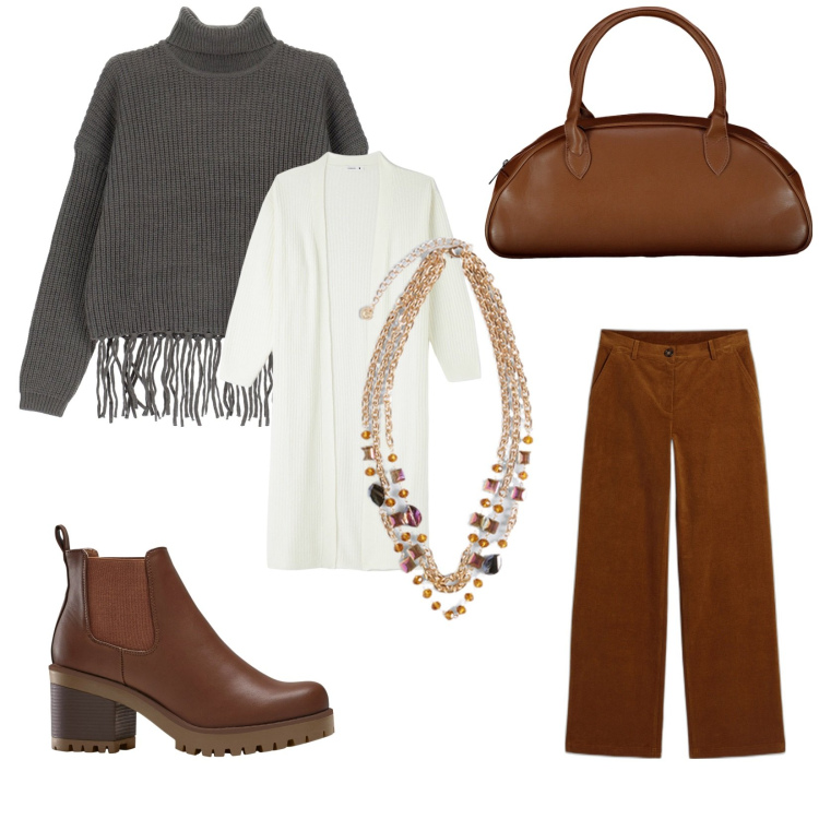 Outfit donna - The office. Stile Casual chic per Ufficio. Abbinamento con stivaletti chelsea, pantaloni, cardigans, maglieria, collane, borse a spalla.