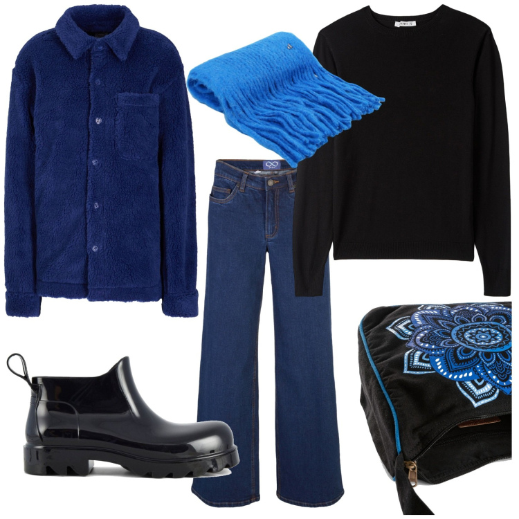 Outfit donna - Total look #1818983. Stile Casual per Scuola/Università. Abbinamento con jeans, borse a tracolla, cappotti, maglieria, sciarpe, stivali.