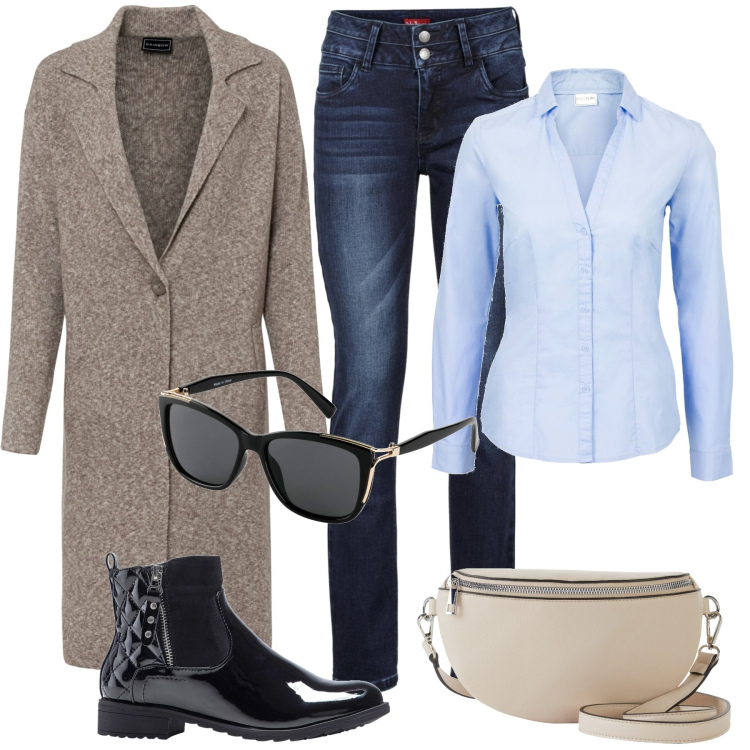 Outfit donna - Semplicità. Stile Casual chic per Tutti i giorni. Abbinamento con camicie, cappotti, jeans, occhiali da sole, stivaletti, marsupi.