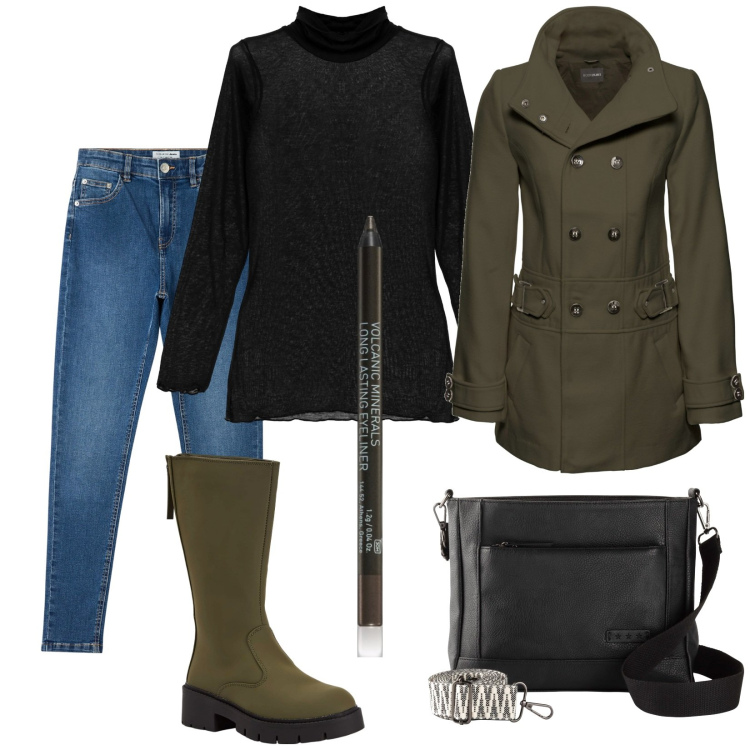 Outfit donna - Total look #1818991. Stile Casual per Tutti i giorni. Abbinamento con borse a tracolla, cappotti, eyeliner, stivaletti, jeans skinny, maglieria.