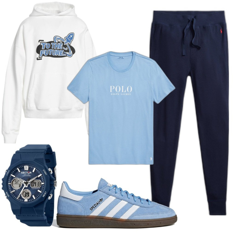 Outfit uomo - Valerio: pronto per la play. Stile Urban per Tutti i giorni. Abbinamento con orologi digitali, felpe con cappuccio, pantaloni, t-shirt, sneakers.