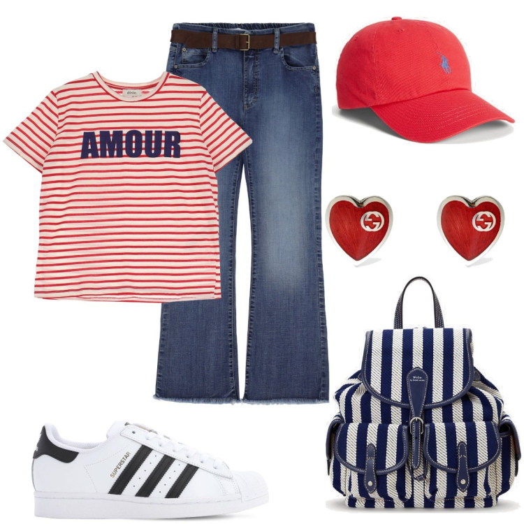 Outfit donna - Total look #1819002. Stile Basic Abbinamento con jeans slim fit, t-shirt, cappelli, zaini, orecchini, sneakers.