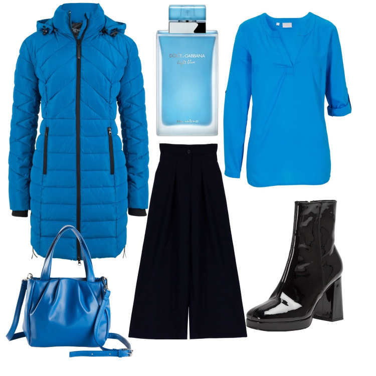 Outfit donna - Turchese e nero. Stile Casual per Tutti i giorni. Abbinamento con blazer, tuniche, borse a mano, profumi, stivaletti, pantaloni a palazzo.