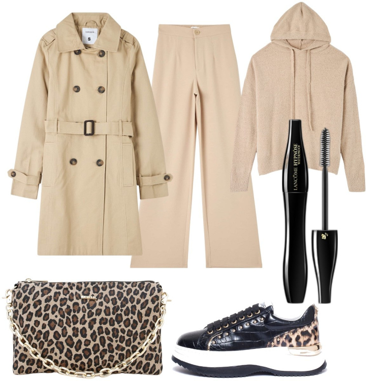 Outfit donna - Total look #1819012. Stile Sporty chic Abbinamento con mascara, pantaloni, trench, maglieria, sneakers, pochette.