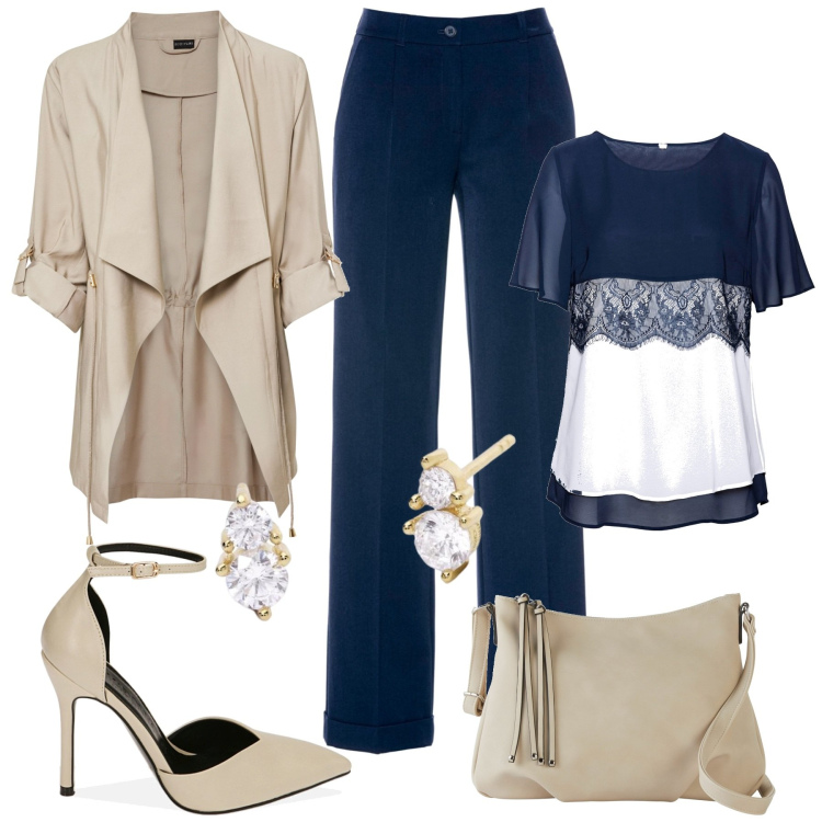 Outfit donna - Cerimonia. Stile Bon Ton per Cerimonia. Abbinamento con pantaloni, tuniche, blazer, borse a tracolla, orecchini, décolleté.