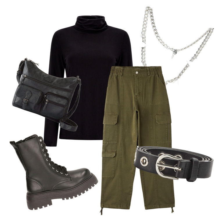 Outfit donna - Dammi 5 minuti e scendo. Stile Urban per Tutti i giorni. Abbinamento con borse a tracolla, pantaloni cargo, cinture, collane, maglieria, anfibi.