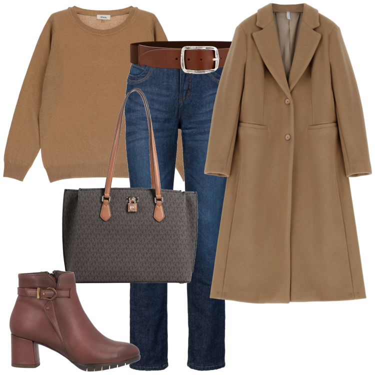 Outfit donna - City. Stile Casual chic per Tutti i giorni. Abbinamento con jeans dritti, borse a spalla, stivaletti, cappotti, pullovers, cinture.