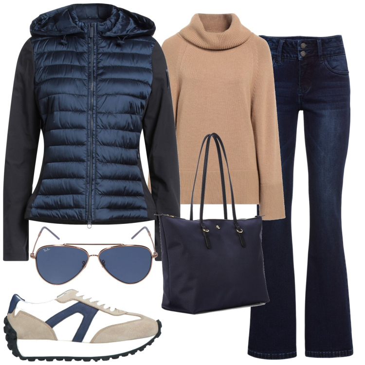 Outfit donna - City. Stile Casual chic per Tutti i giorni. Abbinamento con jeans bootcut, piumini, sneakers, maglieria, borse tote, occhiali da sole.
