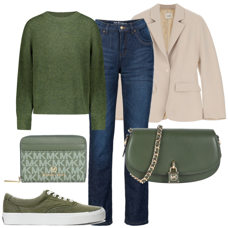 Outfit donna - City. Stile Casual chic per Tutti i giorni. Abbinamento con jeans dritti, portafogli, borse a tracolla, blazer, sneakers, maglieria.