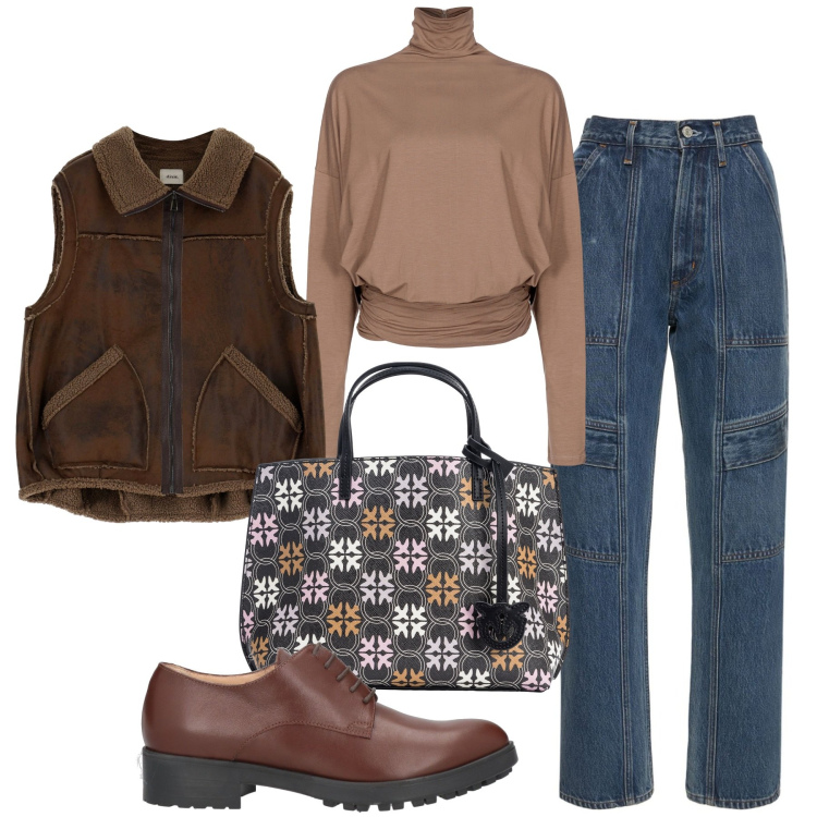 Outfit donna - Inverno. Stile Casual chic per Tutti i giorni. Abbinamento con scarpe stringate, gilet, maglieria, shopping bag, jeans dritti.