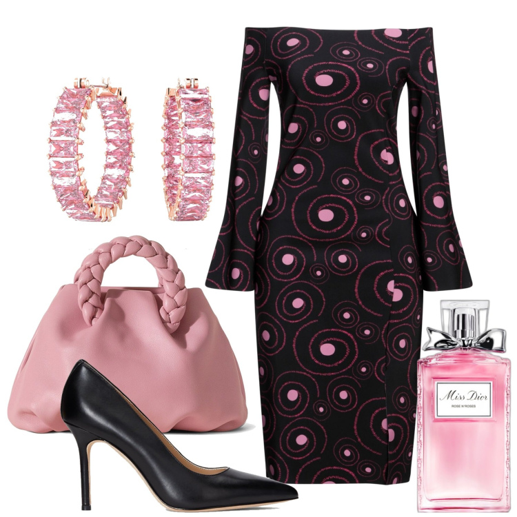 Outfit donna - Cerimonia rosa. Stile Chic per Cerimonia. Abbinamento con vestiti midi/longuette, orecchini, profumi, décolleté, borse a mano.