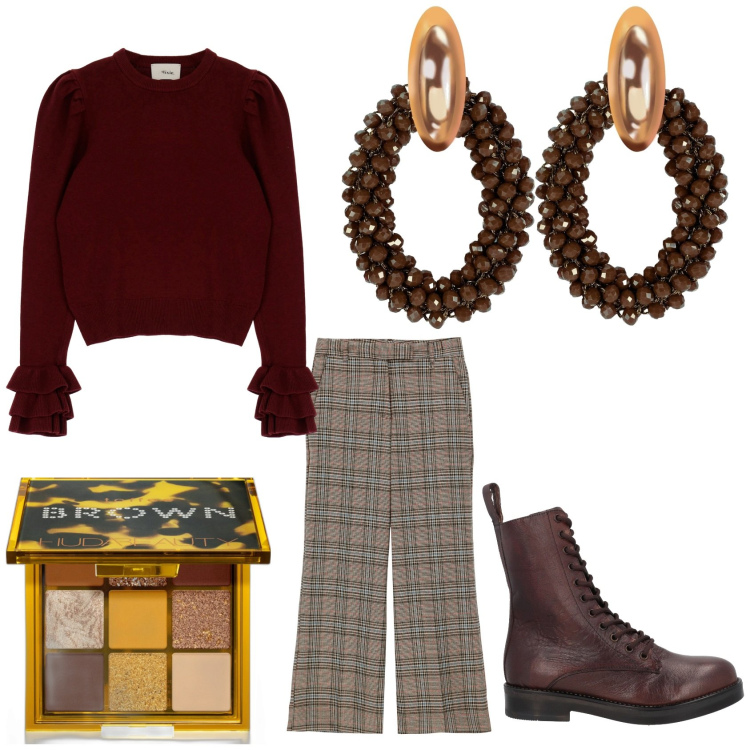 Outfit donna - Total look #1819055. Stile Casual per Ufficio. Abbinamento con stivaletti, orecchini, ombretti, pantaloni, pullovers.