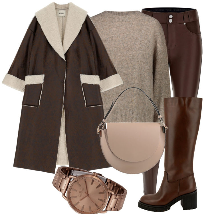 Outfit donna - Total look #1819058. Stile Trendy per Tutti i giorni. Abbinamento con borse a mano, orologi, cappotti, stivali, pantaloni skinny, maglieria.