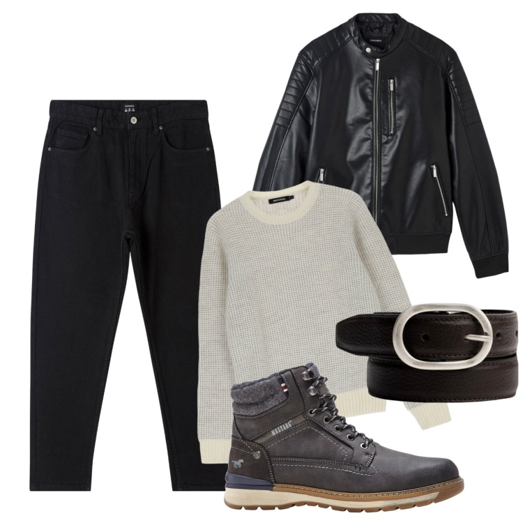 Outfit uomo - Urban Bomber. Stile Biker Rock per Serata speciale. Abbinamento con stivali e stivaletti, pantaloni, giacche, pullovers, cinture.