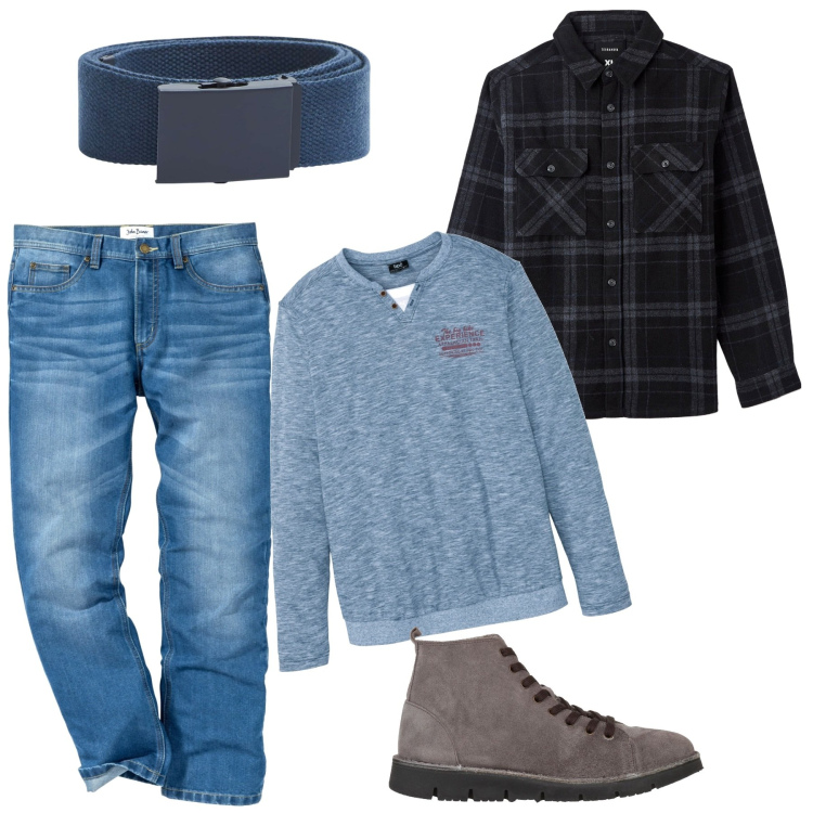 Outfit uomo - Un cielo azzurro. Stile Casual per Tutti i giorni. Abbinamento con jeans dritti, maglieria, stivali e stivaletti, cappotti, cinture.