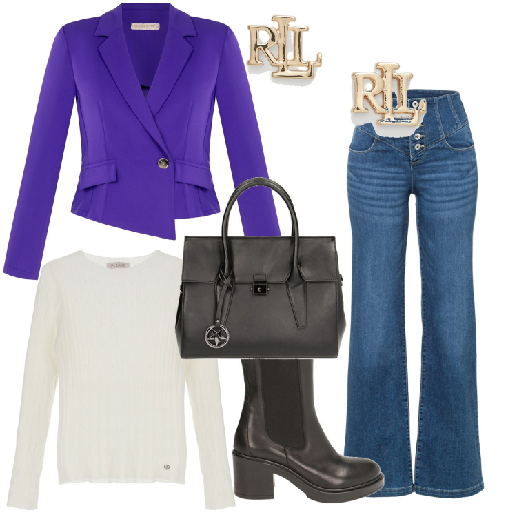 Outfit donna - Total look #1819090. Stile Casual per Tutti i giorni. Abbinamento con jeans a zampa, cappotti, pullovers, borse a mano, stivaletti chelsea, orecchini.