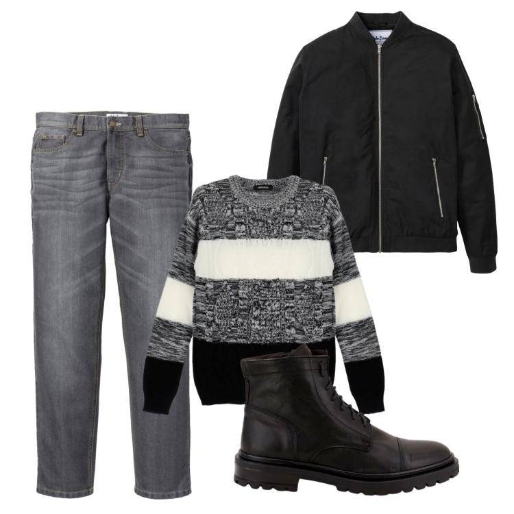 Outfit uomo - Nero. Stile Urban per Tutti i giorni. Abbinamento con jeans dritti, bomber, scarpe stringate, maglieria.