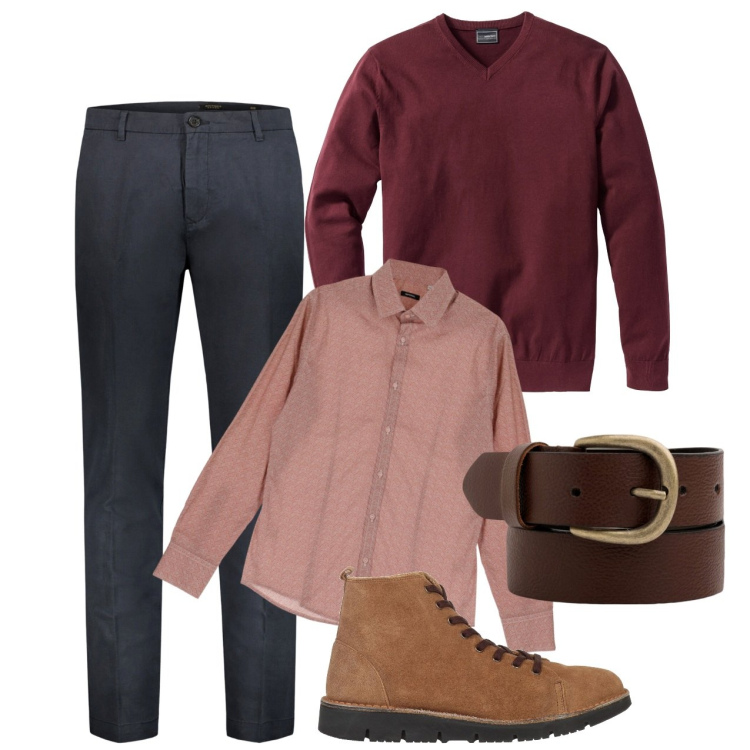 Outfit uomo - Bon ton magenta. Stile Casual per Tutti i giorni. Abbinamento con maglieria, stivali e stivaletti, camicie, cinture, pantaloni.