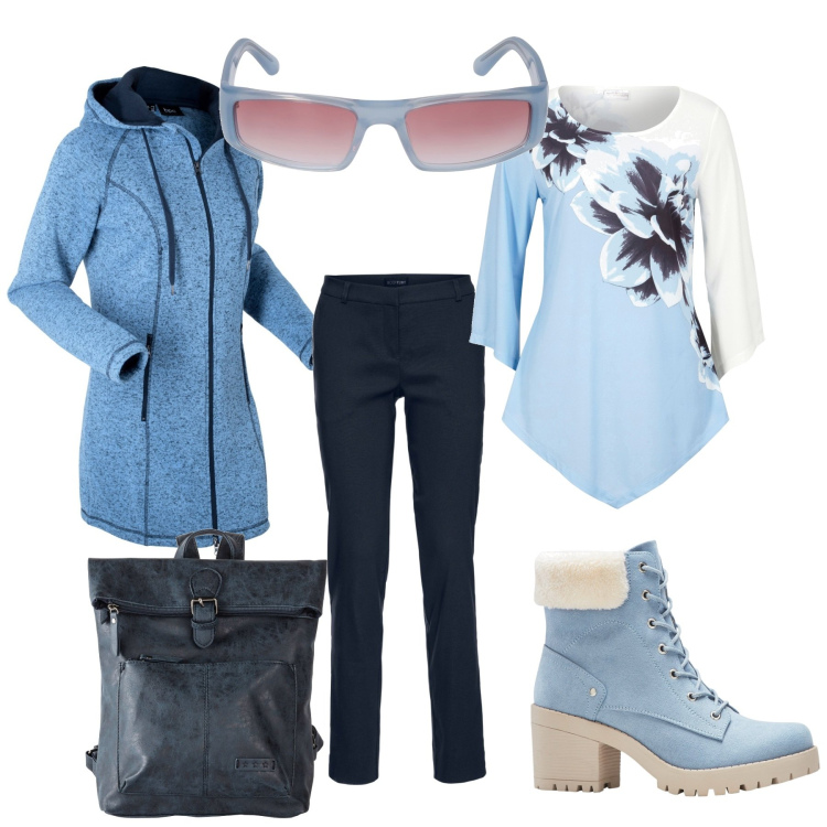 Outfit donna - Pomeriggio in blu. Stile Casual per Tutti i giorni. Abbinamento con blazer, pantaloni, stivaletti, maglieria, zaini, occhiali da sole.