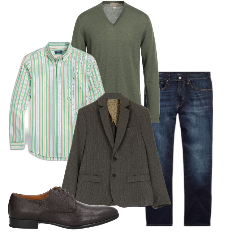 Outfit uomo - Verde inverno. Stile Casual per Ufficio. Abbinamento con pullovers, scarpe stringate, giacche, jeans dritti, camicie.