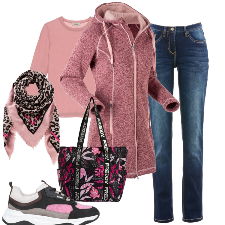 Outfit donna - City. Stile Urban per Tutti i giorni. Abbinamento con blazer, jeans dritti, foulard, sneakers, shopping bag, maglieria.