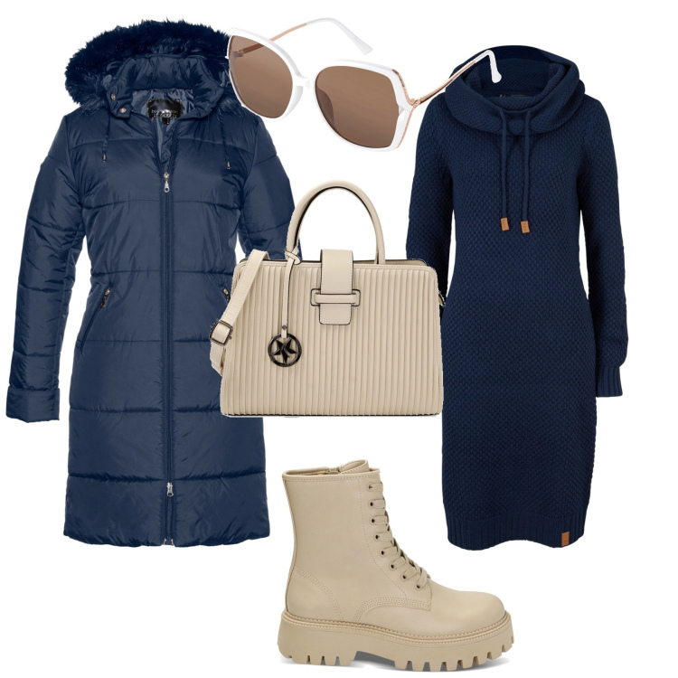 Outfit donna - Brrrrr ancora giorni freddi. Stile Trendy per Ufficio. Abbinamento con vestiti, cappotti, occhiali da sole, anfibi, borse a mano.